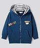 Bonfino 100% Cotton Fleece Knit Full Sleeves Hooded Sweatjacket With Tiger & Text Embroidery & Kangaroo Pockets - Navy Blue