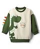 Bonfino 100% Cotton Fleece Knit Full Drop Shoulder Sleeves Colour Block Sweatshirt With Dino Print & Applique - Off White & Green