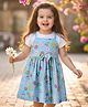 Babyhug Cotton Knit Half Sleeves Frock With Inner T-Shirt  with Floral Print with Bow Applique - Light Blue