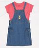 Pantaloons Junior Cotton Denim Pineapple Patch Detailed Pinafore Dress With Half Sleeeves Tee - Medium Blue & Pink