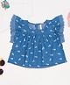 Pantaloons Junior Cotton Knit Flutter Sleeves Floral Printed Schiffli Lace Detailed Top - Blue