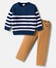 Babyhug Knitted Full Sleeves Striped Sweater Set With Cable Knit Design - Navy Blue