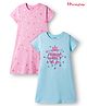 Honeyhap 100% Cotton Knit Half Sleeves Nighty With Bio Finish & Star Print Pack Of 2 - Pink & Light Blue