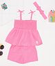 Pantaloons Baby Cotton Knit Sleeveless Solid Smocked Style Top & Shorts With Headband Set - Pink