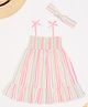 Pantaloons Baby Cotton Knit Sleeveless Striped Smocked Dress With Coordinating Headband - Bright White & Pink