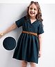 Hola Bonita Woven Half Sleeves Textured Solid Frock With Belt - Teal Blue