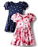 Honeyhap Premium Cotton Knit Bio Finish Half Sleeves Frock with Floral Heart Print & Bow Applique Pack of 2 - Navy Blue & Pink