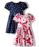 Honeyhap Premium Cotton Knit Bio Finish Half Sleeves Frock with Floral Heart Print & Bow Applique Pack of 2 - Navy Blue & Pink