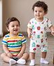 Babyhug 100% Cotton Knit Half Sleeves Striped Rompers with Animal Print Pack of 2 - White