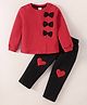 Mark & Mia Fleece Knit Full Sleeves Winter Wear T-Shirt & Lounge Pant Set With Bow Applique & Heart Patch - Red & Black