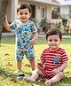 Babyhug 100% Cotton Interlock Knit Half Sleeves Romper with Stripe Design & Animal Print Pack of 2 - Red & Light Blue