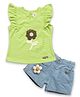 KETIMINI Cotton Sleeveless Floral Crochet Designed Frill Detailed Coordinating Top & Shorts Set - Green & Blue