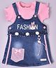 KETIMINI Cotton Denim Knit Bunny Patch Detailed Pinafore Dress With Half Sleeves Ribbed Top & Key Chain - Blue & Pink