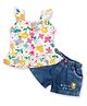 KETIMINI Cotton Cap Sleeves Floral Printed & Crochet Designed Coordinating Top & Shorts Set - White & Blue