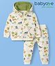 Babyoye Terry Knit Full Sleeves Winter Wear Hooded Jacket & Joggers Set With Animal Print & Kangaroo Pocket - White & Green
