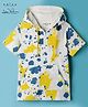 Arias Cotton Knit Half Sleeves Side Slit Hooded T-Shirt with Kangaroo Pocket & Abstract Print - Yellow & Blue