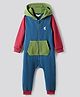 Bonfino 100% Cotton Fleece Knit Full Sleeves Colour Block Hooded Romper With Zipper & Kangaroo Pockets - Multi Colour