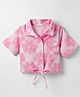 CrayonFlakes Cotton Woven Half Sleeves Floral Embroidered Shirt Style Crop Top - Pink