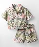 CrayonFlakes Cotton Woven Half Sleeves Floral Printed Shirt Style Crop Top & Coordinating Belted Shorts Set - Off White