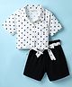 CrayonFlakes Cotton Knit Half Sleeves Polka Dots Printed Shirt Style Top & Belted Shorts Set - Off White