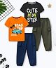 Trampoline Cotton Blend Pack Of 2 Half Sleeves Car & Cute Monster Text Printed Tees & Track Pants Set - Multi Colour
