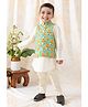 Tiber Taber 100% Cotton Full Sleeves Solid Kurta & Pant With Kathakali Dancers Printed Jacket Set - Green