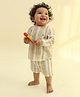Tiber Taber 100% Cotton Full Sleeves Animal Embroidered & Striped Coordinating Shirt & Shorts Set - Beige