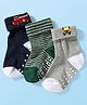 Cute Walk by Babyhug Knit Ankle Length Anti Bacterial Anti Skid Socks with Stripes & Vehicle Design Pack of 3 - Grey Dark Green & Black