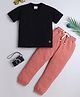 BAATCHEET Knitted Half Sleeves Solid Tee & Joggers Set - Black & Peach