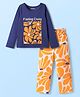 Pine Kids 100% Cotton Full Sleeves Night Suit With Floral Print - Navy Blue & Orange