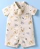 Simply Premium Poplin Knit Half Sleeves Front Open Romper with Dino Print - Cream