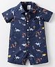 Simply Premium Poplin Knit Half Sleeves Front Open Romper with Dino Print - Navy Blue
