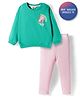 Bonfino 100% Cotton Knit Full Sleeves Oversized French Terry Sweatshirt & Legging Set With Floral Print - Green & Pink