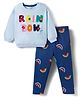 Bonfino 100% Cotton Knit  French Terry Full Sleeves Oversized Sweatshirt with Leggings Set with Rainbow Text & Print - Blue & Navy Blue