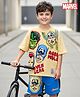 Pine Kids Marvel Single Jersey Knit Half Drop Shoulder Sleeves Oversized T-Shirt & Shorts Set With Avengers Graphics & Badge Detailing - Yellow & Blue