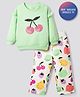 Bonfino 100% Cotton Knit French Terry Full Sleeves Oversized Sweatshirt & Wide Leg Leggings Set with Fruit Print - Light Green & Offwhite