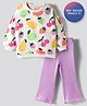 Bonfino 100% Cotton Knit Full Sleeves Oversized French Terry Sweatshirt & Legging Set With Tropical Theme Print - Lavender & Off White