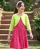 Pine Kids Cotton Knit Full Sleeves Tiered Frock With Jacket & Polka Dot Print - Pink & Lime Green