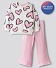 Bonfino Cotton Knit Full Sleeves Oversized French Terry Sweatshirt & Wide Leg Legging Set With Heart Print - Pink & Ivory
