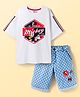 Pine Kids Disney Single Jersey Knit Half Sleeves Oversized Drop Shoulder T-Shirt & Denim Shorts With Mickey Mouse Graphics - White & Blue