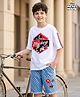 Pine Kids Disney Single Jersey Knit Half Sleeves Oversized Drop Shoulder T-Shirt & Denim Shorts With Mickey Mouse Graphics - White & Blue