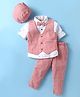 Rikidoos Full Sleeves Checked 3 Piece Party Suit With Bow & Cap Set - Orange & White