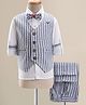 Rikidoos Full Sleeves Striped 3 Piece Party Suit With Bow Set - Light Blue & White