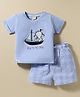 CUCUMBER Single Jersey Knit Half Sleeves Embroidered Shorts Night Suit With Nautical Theme & Checks - Light Blue