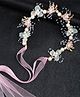 Ziory Pearl & Rhinestones Embellished Floral Applique Detailed Tiara Style Hair Band With Attached Ribbons - White & Pink