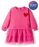 Bonfino 100% Cotton French Terry Full Sleeves Oversized Drop Waist Dress with Heart Embroidery & Mesh Layers - Dark Pink