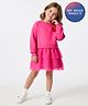 Bonfino 100% Cotton French Terry Full Sleeves Oversized Drop Waist Dress with Heart Embroidery & Mesh Layers - Dark Pink