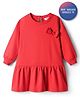 Bonfino 100% Cotton French Terry Full Sleeves Oversized Drop Waist Solid Colour Frock With Bow Applique - Red