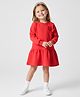Bonfino 100% Cotton French Terry Full Sleeves Oversized Drop Waist Solid Colour Frock With Bow Applique - Red