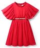 Hola Bonita Woven Half Flutter Sleeves Dobby Solid Dress with Belt - Tomato Red